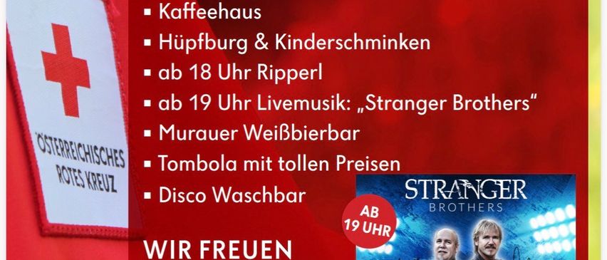 Event flyer for Rotes Kreuz Bischofshofen on July 25, 2026, featuring food, live music, and a raffle.