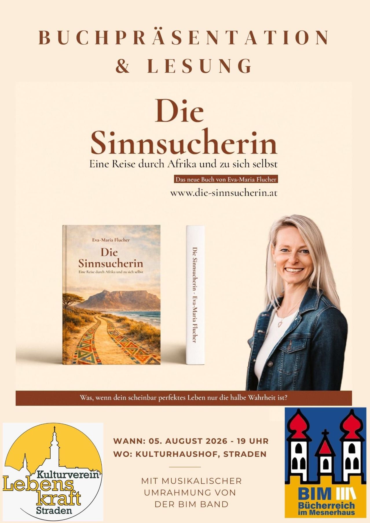 Ein Buchcover mit einer Frau und dem Titel 'Die Sinnsucherin' mit einem landschaftlichen Bild eines Pfades, der zu einem Berg führt.