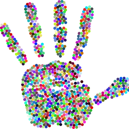 Eine Hand aus bunten Punkten auf schwarzem Hintergrund. Die Hand hat fünf Finger und ist leicht angehoben.