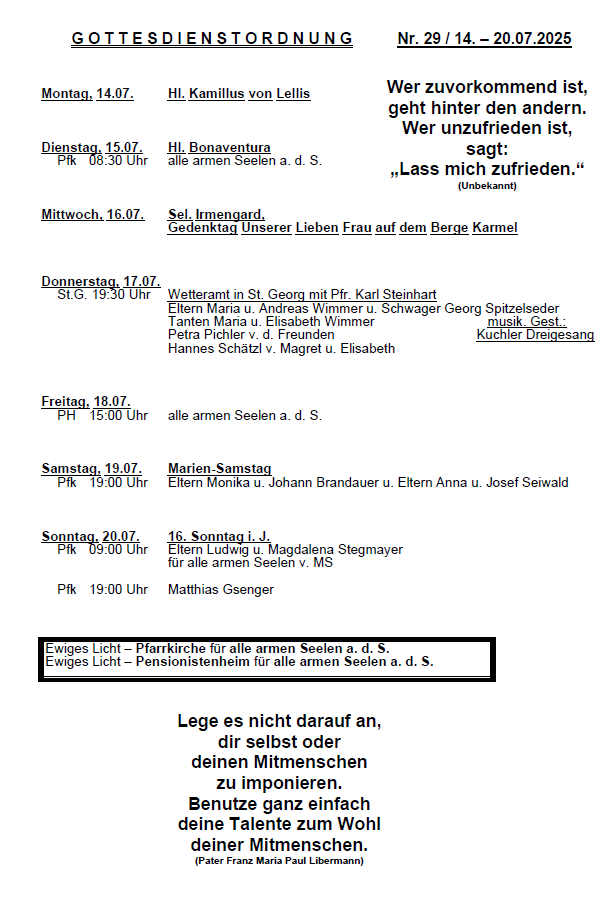 Wöchentlicher Zeitplan mit Daten und Zeiten für verschiedene Veranstaltungen, einschließlich Gottesdienste und Zusammenkünfte, wird angezeigt. Jeder Eintrag enthält den Tag, das Datum, die Zeit und spezifische Details zur Veranstaltung.