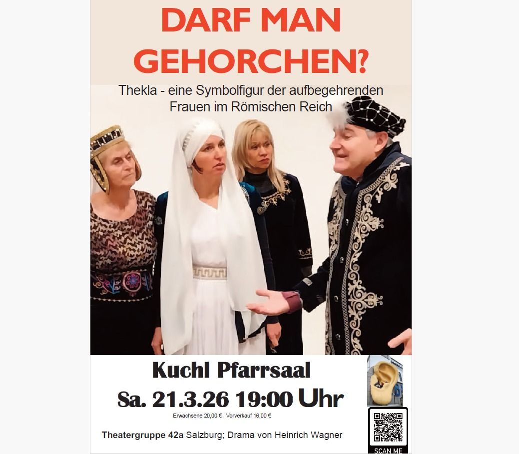 Plakat für das Theaterstück 'Darf Man Gehorchen?' mit einem Mann und drei Frauen in historischen Kostümen. Der Text ist auf Deutsch, mit Aufführungsdaten, Uhrzeiten und Ticketpreisen.