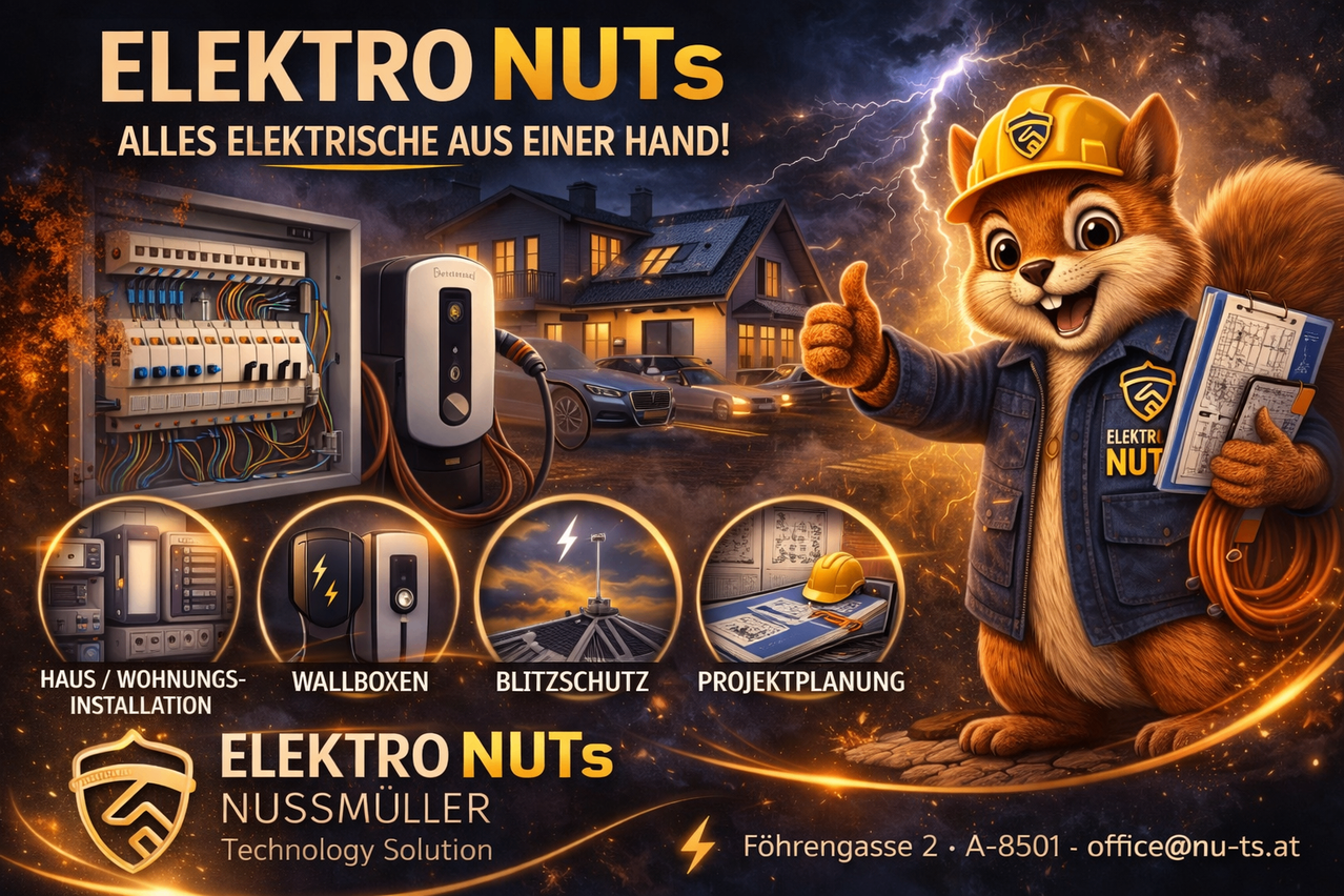 An advertisement for Elektro Nuts features a squirrel mascot giving a thumbs up. It shows electrical boxes, lightning protection, and project planning. The address is Fuhrengasse 2, A-8501.