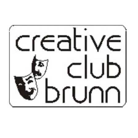 Ein quadratisches Logo mit schwarzem Text 'creative club brunn'. Es enthält zwei Theatermasken, eine über der anderen.