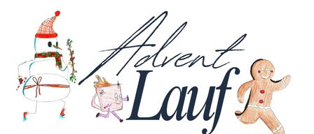 The logo for Advent Lauf features a character with a flame on its head, wearing a pink mug, and running. The text is in a stylized, handwritten font.
