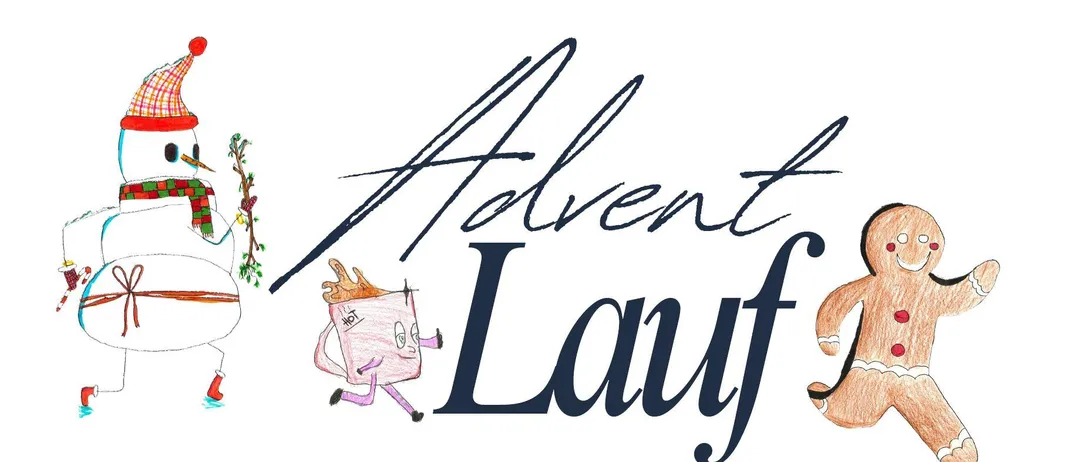 Das Logo für Advent Lauf zeigt eine Figur mit einer Flamme auf dem Kopf, die einen rosa Becher trägt und läuft. Der Text ist in einer stilisierten, handgeschriebenen Schrift.