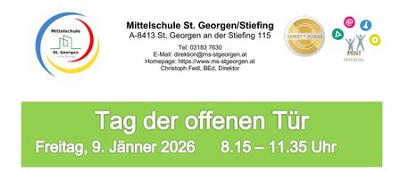 Plakat für die Mittelschule St. Georgen/Stiefing. Kontakt: Christoph Fedl, Direktor. Tag der offenen Tür 2026, 8.15 bis 11.