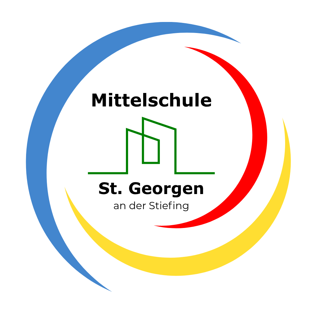 Das Logo der Mittelschule St. Georgen an der Stieﬁng mit einem blauen und roten Kreis und einem grünen Gebäude-Symbol.