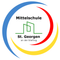 Das Logo der St. Georgen Mittelschule zeigt ein grünes Gebäudesilhouette innerhalb eines blauen und roten Kreises, mit dem Text 'Mittelschule St. Georgen an der Stieﬁng'.