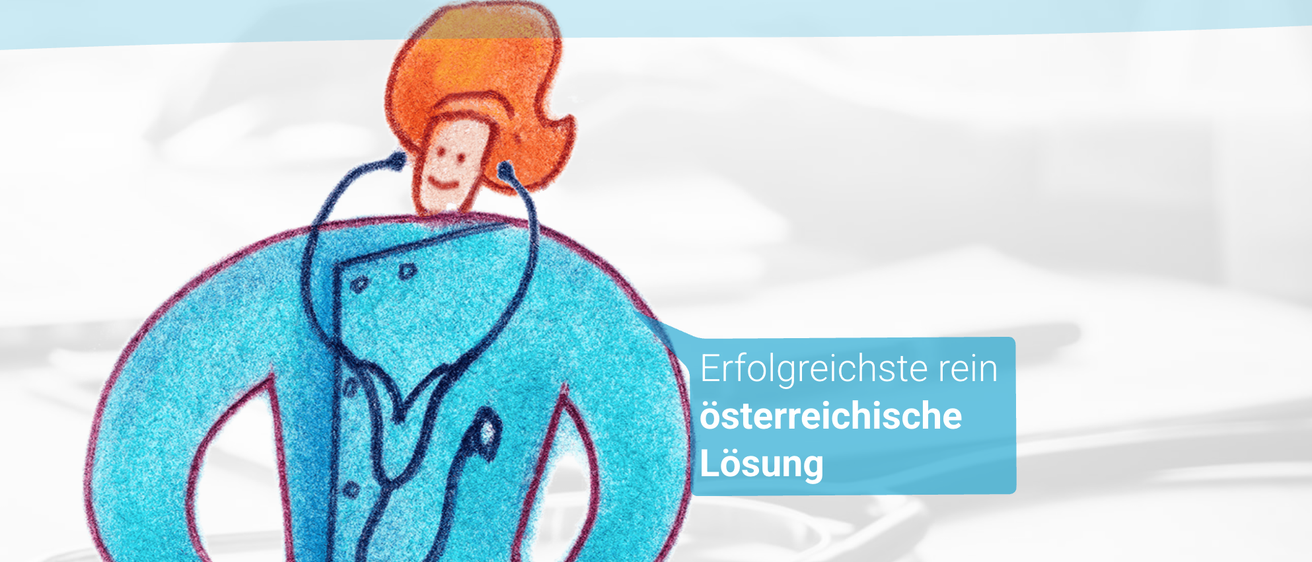 Eine Illustration einer lächelnden Comicfigur, die auf einem blauen Luftballon reitet, mit dem Text 'Erfolgreichste österreichische Lösung'.