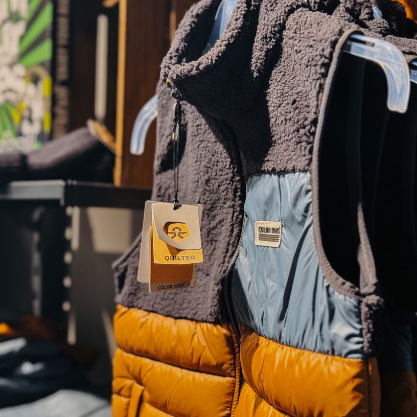 Eine gesteppte Weste hängt an einem Kleiderbügel mit braunem und blauem Farbschema. Ein gelber Anhänger mit der Aufschrift 'Quilted'. Die Weste hat ein reflektierendes Logo-Patch.