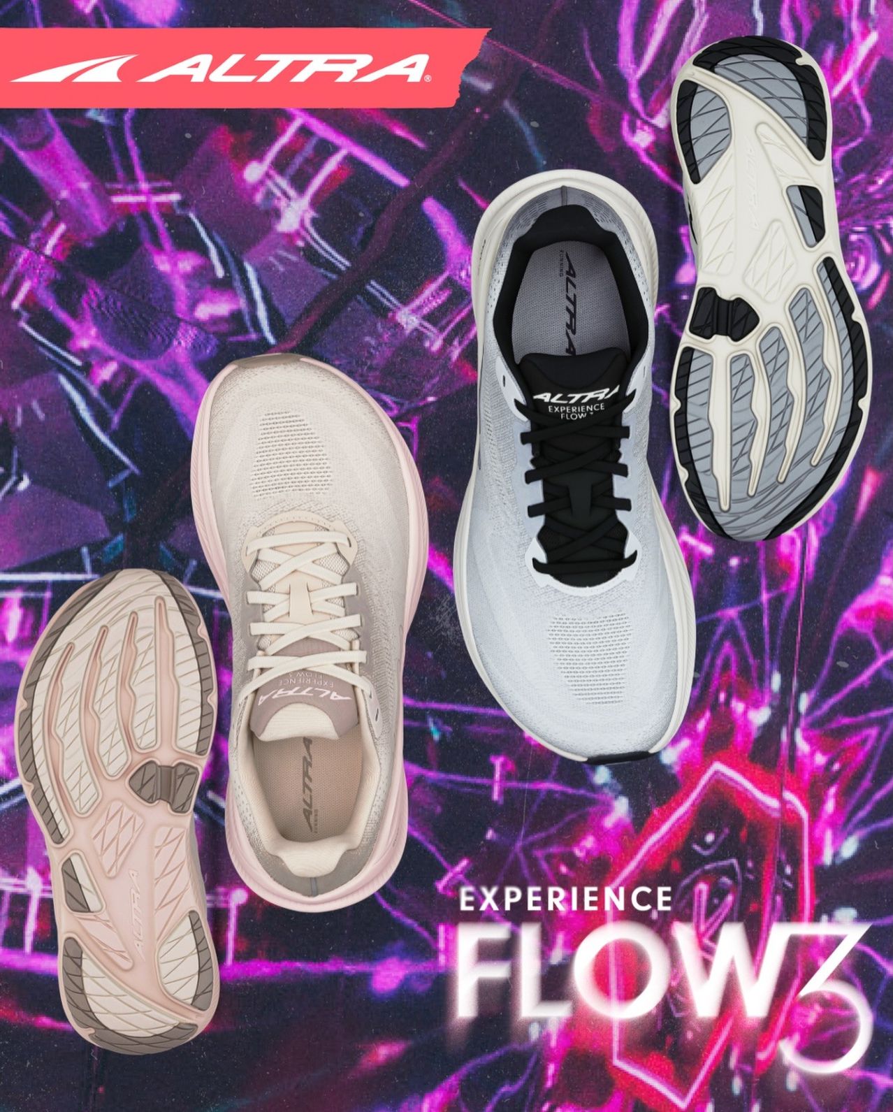 A collage of four sneakers, each in different colors, arranged on a vibrant background. The shoes are labeled with 'ALTRA EXPERIENCE FLOW'. Each pair is shown from different angles.