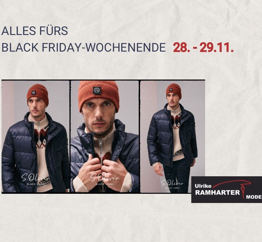 Poster mit drei Männern in Jacken und Mützen. Der Text lautet 'ALLES FÜR BLACK FRIDAY-WOCHENENDE 28.-29.11.'