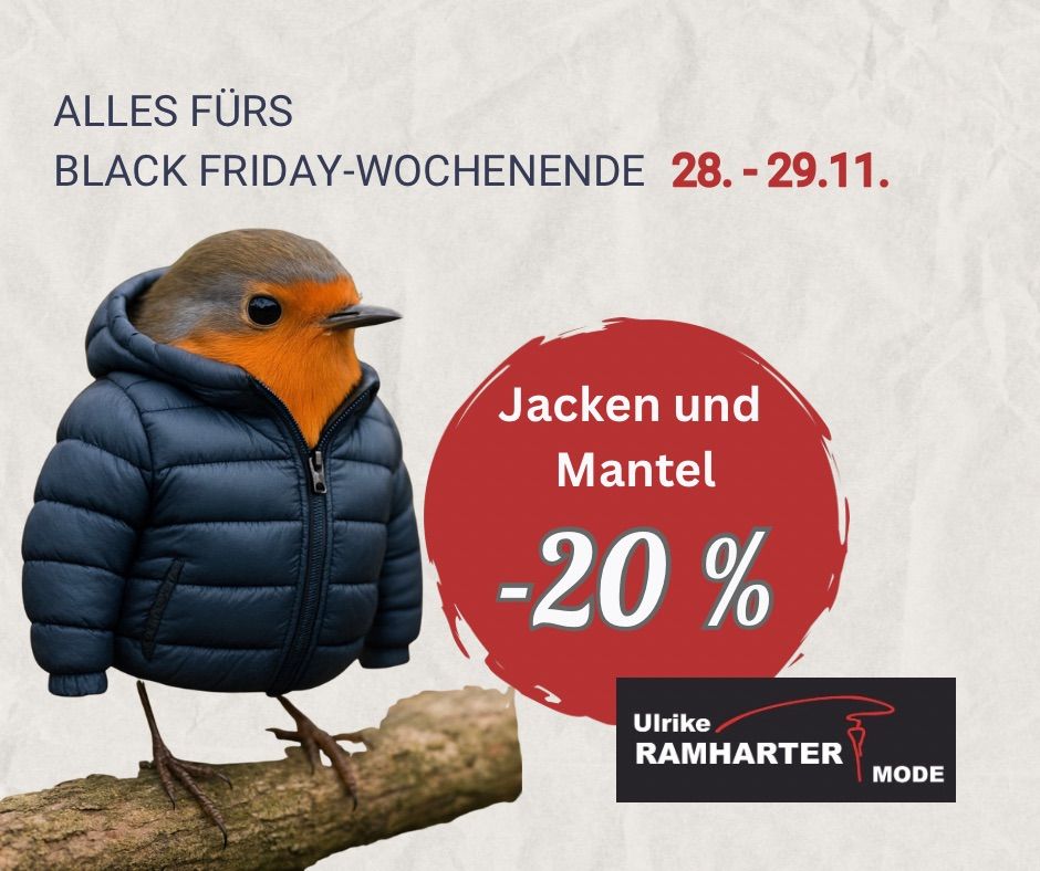 Ein Vogel in einer Jacke mit einem Rabatt von 20% auf Jacken und Mäntel für das Black Friday-Wochenende vom 28. bis 29. November.