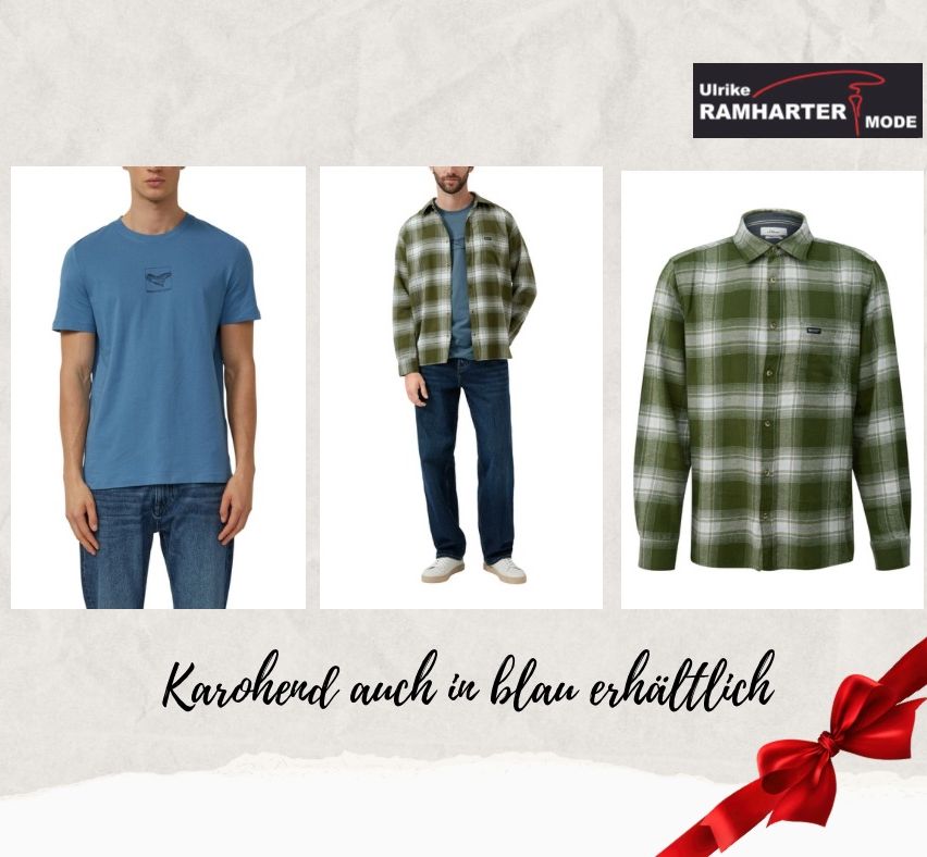 Drei Herrenbekleidungsartikel werden gezeigt: ein blaues T-Shirt, ein kariertes Hemd und ein grünes kariertes Hemd. Ein roter Schleifenband und der Text 'Karohemd auch in blau erhältlich' sind unten angebracht.