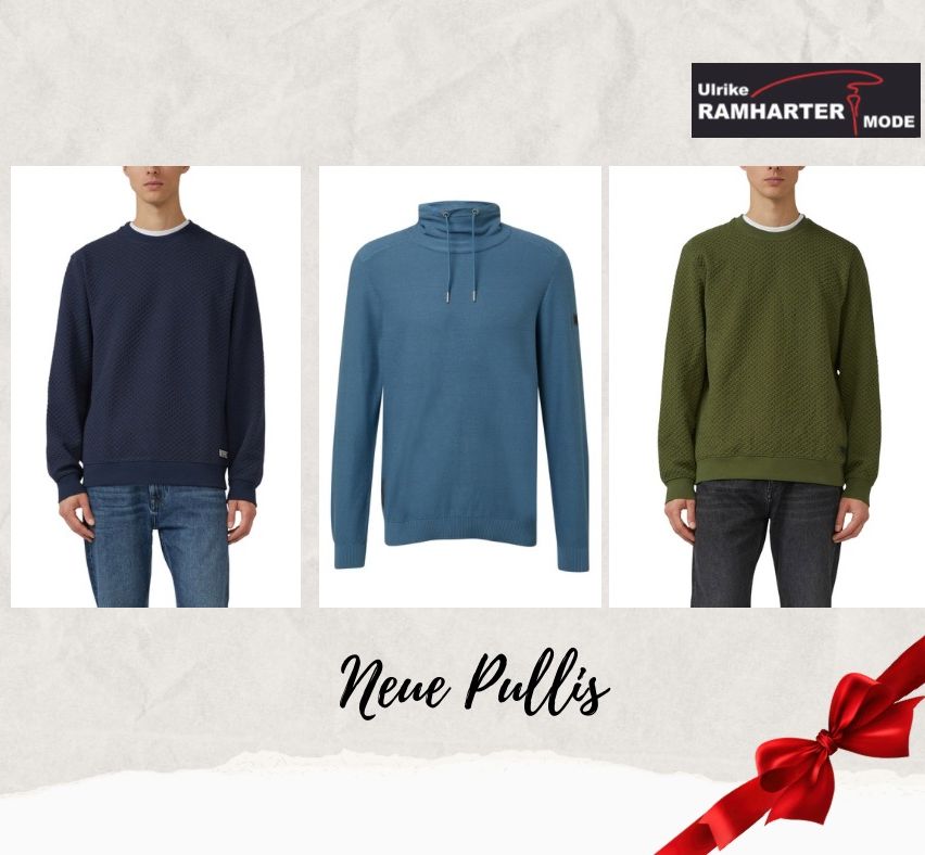 Drei Männer in Jeans tragen verschiedene farbige Pullover. Ein blauer, ein grüner und ein marineblauer. Ein rotes Band befindet sich unten.