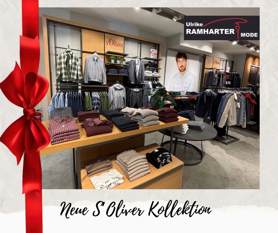 Ein Bekleidungsgeschäft mit einer großen Auswahl an Hemden, Pullovern und Hosen. Der Laden zeigt ein prominentes Bild eines Mannes. Der Text lautet 'Neue S Oliver Kollektion'.