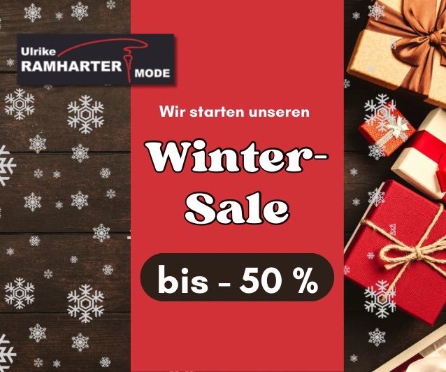 Ein Plakat für einen Winter-Sale mit rotem Hintergrund und verschiedenen Geschenkboxen mit Schneeflocken und Schleifen drumherum. Der Verkauf bietet bis zu 50% Rabatt.