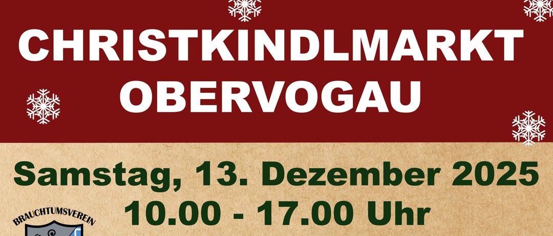 Plakat für die Obervogau-Veranstaltung am 13. Dezember 2025. Es zeigt einen Engel mit einem Baby, das Veranstaltungslogo und Details über die Attraktionen und den Zeitplan der Veranstaltung.