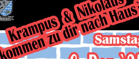 Plakat für Krampus und Nikolaus kommen zu dir nach Hause. Veranstaltung am Samstag, 6. Dezember 2025. Beginn um 18:00 Uhr, Ende gegen 20:00 Uhr. Anmeldeschluss ist der 2. Dezember 2025. Kontaktiere Daniel unter 0664-5243722 oder Martin unter 0664-3925889.