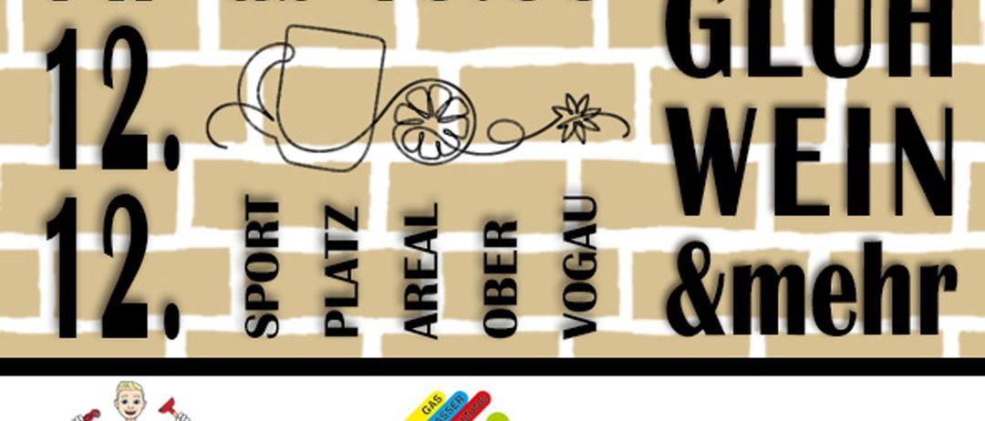 Veranstaltungsplakat mit Ziegelwandhintergrund. Es zeigt den Text 'ab 18:00 GL W & m' und Logos von Gluschitsch und PUR. Illustration von Tasse, Zitrone und Blume. Wasser- und Gassicherheit.