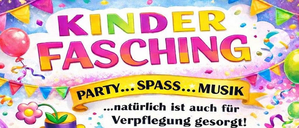 Plakat für eine Kinderparty am 14. Februar mit einem Clown, Ballons und Essen. Die Veranstaltung bietet kostenloses Essen und Getränke für alle Kinder. Sie beginnt um 14 Uhr im Gemeindesaal Obervogau.