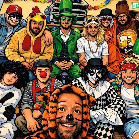 Eine Gruppe von Erwachsenen in verschiedenen Kostümen, darunter ein Huhn, ein Clown und ein Tiger, posiert für ein Foto. Sie lächeln und scheinen Spaß zu haben. Der Hintergrund ist bunt mit Luftballons und anderen Dekorationen.