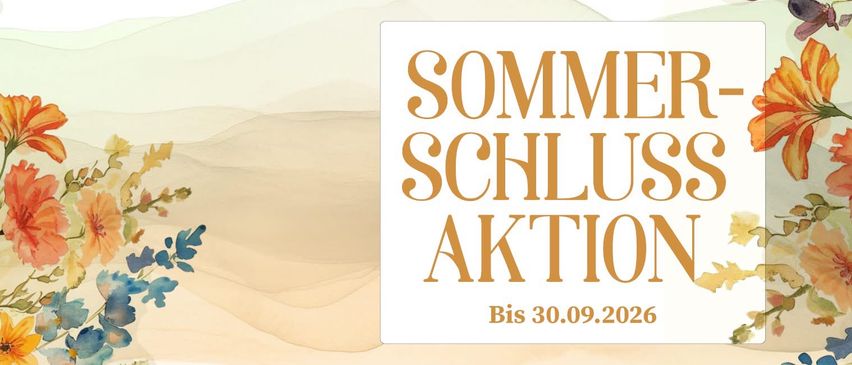 Ein Werbeposter mit goldenem Text 'SOMMER SCHLU AKTION' und dem Datum 'Bis 30.09.2020' auf einem beigen Hintergrund.