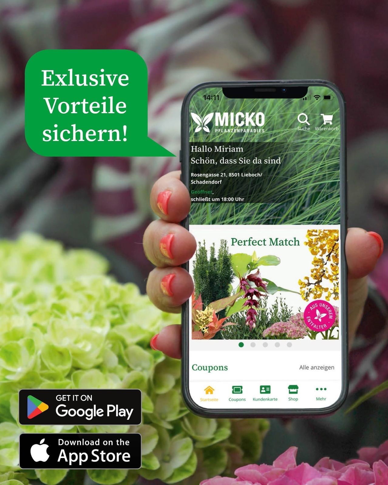 A hand holds a smartphone displaying the Micko app, showing exclusive advantages. The app interface has a 'Perfect Match' feature and coupons section, with a Google Play download button.