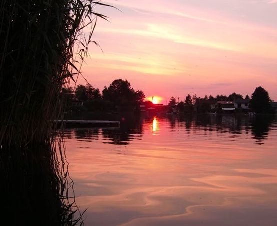Sonnenuntergang über einem ruhigen See mit Spiegelungen im Wasser, Bäumen und Häusern in der Ferne.