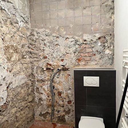 Ein Badezimmer in Renovierung zeigt eine teilweise abgeblätterte Wand mit sichtbaren Ziegeln und Putz. Eine Toilette befindet sich rechts und ein Handtuchhalter ist an der angrenzenden Wand befestigt.