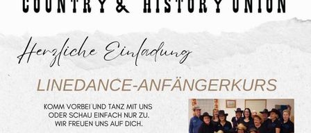 Plakat für einen Anfängerkurs im Line Dance der Country & History Union. Zeigt ein Gruppenfoto der Teilnehmer in Cowboy-Hüten, mit Veranstaltungsdetails und einer Kontaktnummer.