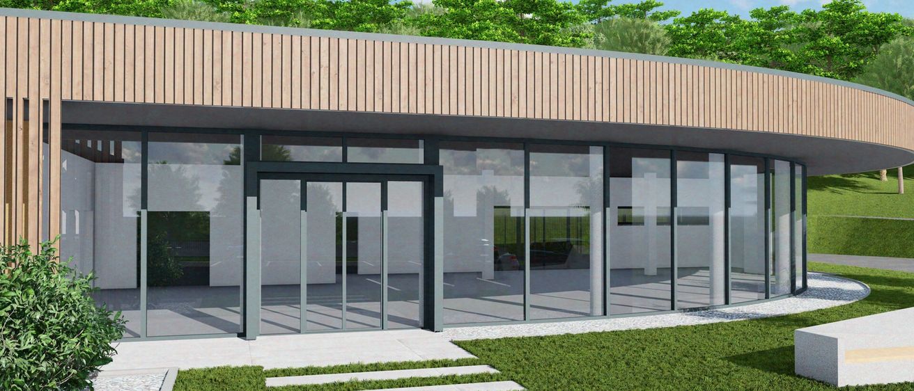 Bild enthält, Architecture, Building, Office Building, Grass, Plant, Door, Interior Design, Outdoors, Shelter, School