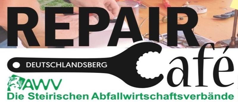 Plakat für eine Reparatur-Café in Deutschlandsberg, zeigt eine Schraube und zwei Personen, die etwas reparieren, eine hält einen Ring.