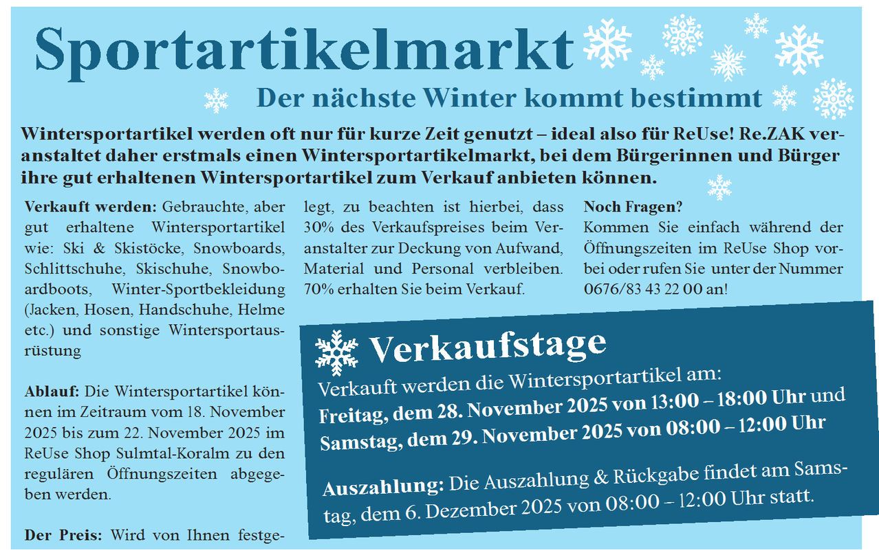 Eine Anzeige für einen Wintersportartikelmarkt, bei dem Bürger gebrauchte Wintersportartikel verkaufen können. Der Verkauf findet am 28. November 2025 von 13:00 Uhr bis 29. November 2025 von 08:00 Uhr statt. Die Abholung und Rückgabe erfolgt am 6. Dezember 2025 von 08:00 Uhr bis 12:00 Uhr.