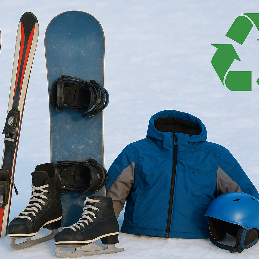 Eine Sammlung von Wintersportausrüstung, darunter Skier, ein Snowboard, Eislaufschuhe, eine Jacke und einen Helm, mit einem Recycling-Symbol im Hintergrund.