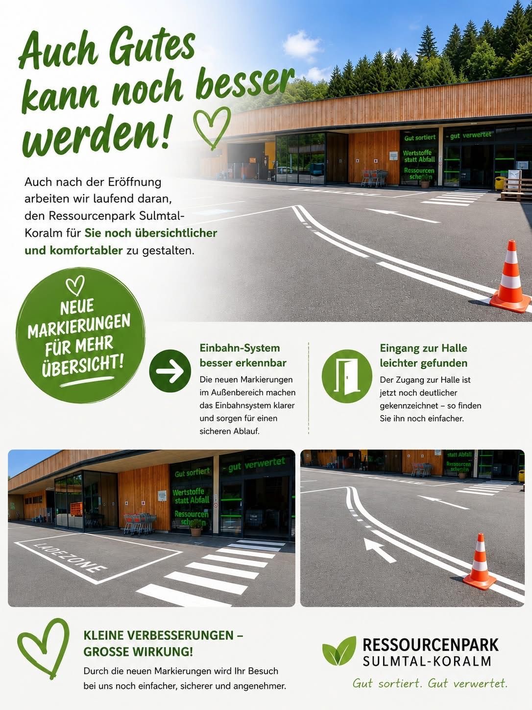 Eine Werbung für einen Ressourcenpark mit neuen Markierungen für bessere Sichtbarkeit und Komfort. Es zeigt ein Gebäude mit Glasfenstern, einen Trolley und ein Herzsymbol. Der Text hebt die kontinuierlichen Bemühungen hervor, den Park auch nach der Eröffnung zu verbessern.