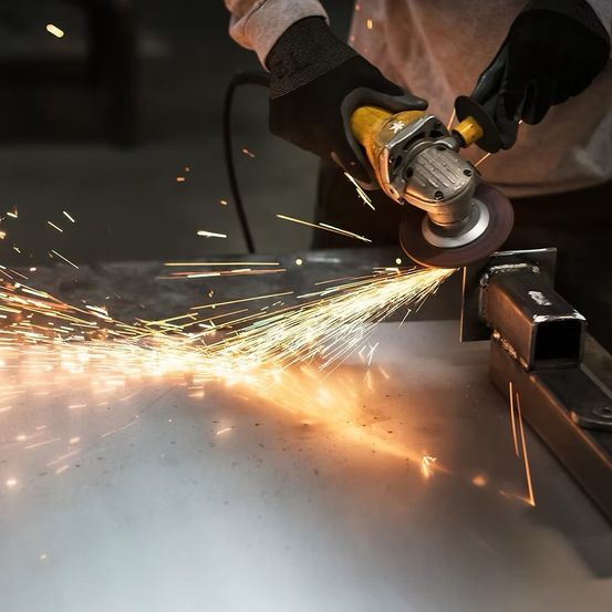 Eine Person benutzt eine Schleifmaschine zum Schneiden von Metall, wobei Funken in der Luft herumfliegen. Sie trägt Handschuhe.