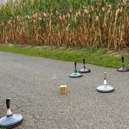 Sechs Fässer sind auf einem Betonweg mit einem Grasbereich und einem Maisfeld im Hintergrund platziert.