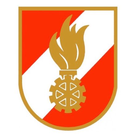 Ein Schild mit rotem und weißem Hintergrund, mit goldener Flamme und Zahnradsymbol.