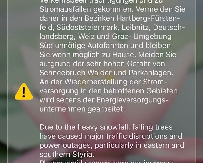 Aufgrund des intensiven Schneefalls sind insbesondere in der Ost- und Südsteiermark massive Verkehrsbehinderungen und Stromausfälle aufgetreten. Vermeiden Sie daher in den Bezirken Hartberg-Fürstenfeld, Südoststeiermark, Leibnitz, Deutsch-landsberg, Weiz und Graz-Umgebung Süd unnötige Autofahrten und bleiben Sie wenn möglich zu Hause.
