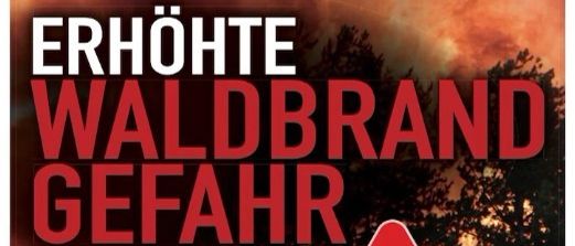 Ein Plakat mit einem roten Dreiecks-Warnschild und einem roten Rechteck-Schild mit einem Telefonsymbol und der Nummer 122. Das Plakat hat auch mehrere rote Kreiszeichen mit Verbotssymbolen und Text auf Deutsch. Der Hintergrund ist ein Wald mit einem Feuer.