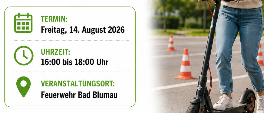 Ein Plakat für ein kostenloses E-Scooter-Sicherheitstraining in Bad Blumau, das eine Frau auf einem E-Scooter mit Helm zeigt und Details zum Datum, zur Zeit und zum Ort der Veranstaltung enthält.