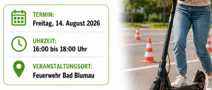 Ein Plakat für ein kostenloses E-Scooter-Sicherheitstraining in Bad Blumau, das eine Frau auf einem E-Scooter mit Helm zeigt und Details zum Datum, zur Zeit und zum Ort der Veranstaltung enthält.