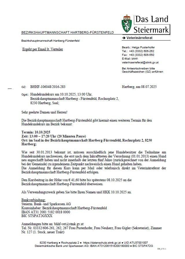 Die Bezirkshauptmannschaft Hartberg-Fürstenfeld kündigt einen neuen Termin für die Hunderegistrierung im Bezirk an. Die Registrierung ist für Hunde offen, die seit dem 30.01.2013 neu erworben wurden, ausgenommen jene, die innerhalb der letzten fünf Jahre registriert wurden. Der Anmeldeschluss ist der 17.08.2025 um 17:00 Uhr im Bezirksamt Hartberg-Fürstenfeld. Die Kursgebühr beträgt 41,60 Euro. Zahlungen sind bis zum 08.10.2025 fällig.