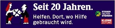 Ein Poster mit zwei Comicfiguren, eine hält einen Stock, zeigt 'Seit 20 Jahren. Helfen, wo Hilfe gebraucht wird.' Darunter sind Logos für 'Sticker helfen Stern' und 'Kleine Zeitung' zu sehen.