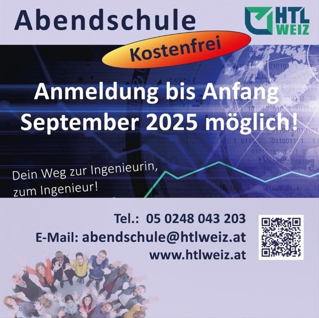 Werbung für Abendschule. Anmeldung bis Anfang September 2025 möglich. Kostenfrei. Kontakt per Telefon oder E-Mail. QR-Code für Website-Zugriff.