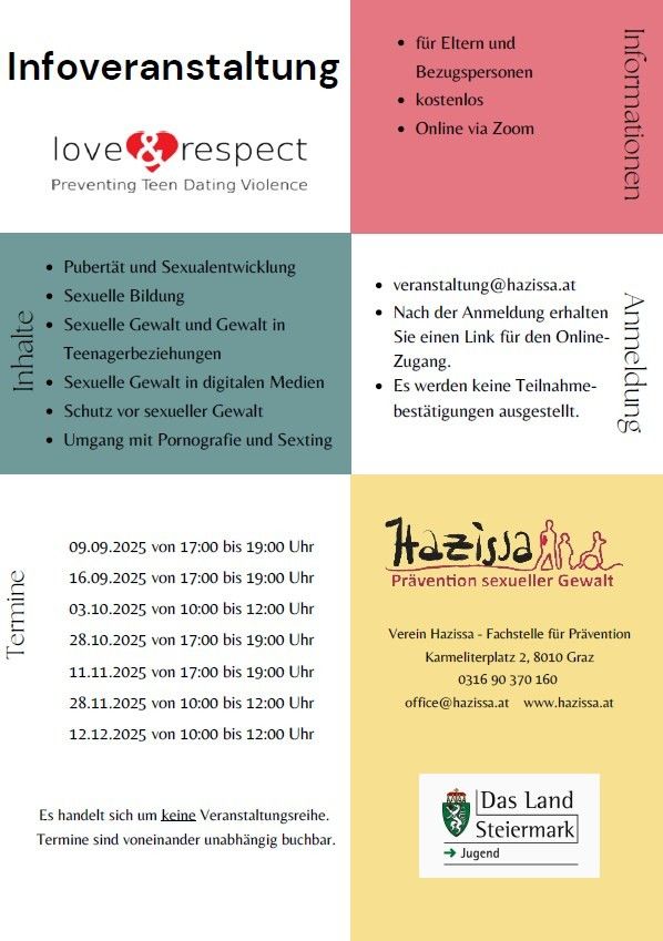 Poster für eine kostenlose Online-Veranstaltung mit dem Titel 'love & respect: Prävention von jugendlicher Dating-Gewalt'. Veranstaltung behandelt Themen wie Pubertät, sexuelle Entwicklung, sexuelle Bildung, sexuelle Gewalt und Gewalt in Teenager-Beziehungen, sexuelle Gewalt in digitalen Medien, Schutz vor sexueller Gewalt und Umgang mit Pornografie und Sexting. Daten und Zeiten sind aufgelistet, und keine Anmeldung erforderlich. Veranstaltet von Hazissa.