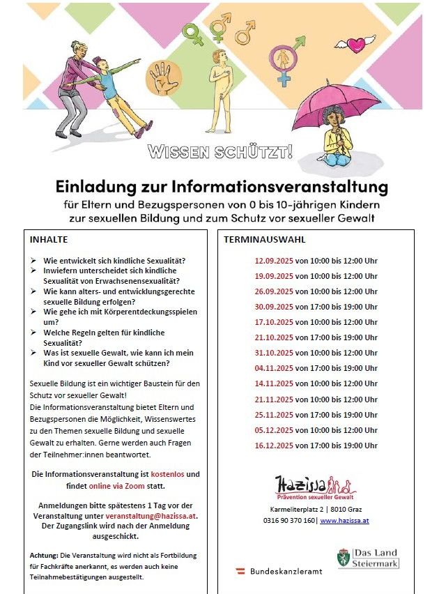 Das Plakat lädt Eltern und Bezugspersonen von Kindern im Alter von 0 bis 10 Jahren zu einer Informationsveranstaltung über sexuelle Bildung und Schutz vor sexueller Gewalt ein. Termine und Uhrzeiten sind aufgelistet. Die Veranstaltung ist kostenlos und online via Zoom. Anmeldung erforderlich.