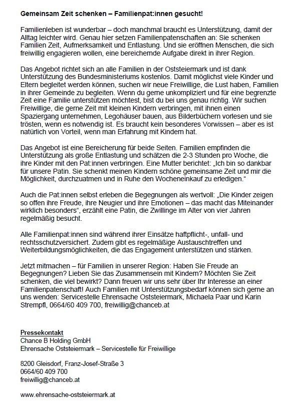 Familienleben ist wunderbar – doch manchmal braucht es Unterstützung, damit der Alltag leichter wird. Genau hier setzen Familienpatenschaften an: Sie schenken Familien Zeit, Aufmerksamkeit und Entlastung. Und sie eröffnen Menschen, die sich freiwillig engagieren wollen, eine bereichernde Aufgabe direkt in ihrer Region.