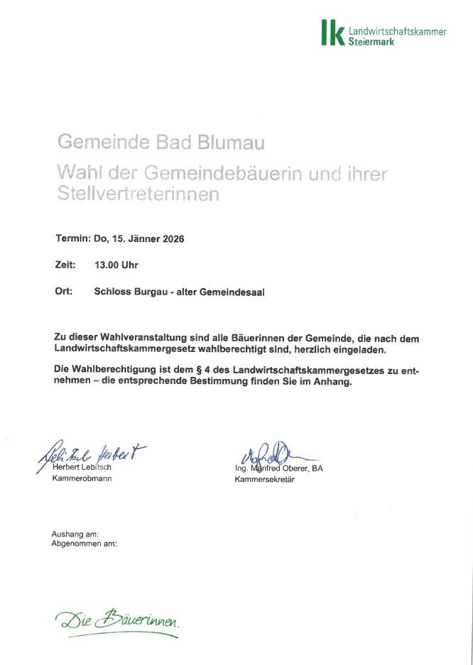 Das Bild ist eine offizielle Benachrichtigung der Gemeinde Bad Blumau, die die Wahl der Gemeindebäuerinnen und ihrer Stellvertreterinnen am 15. Januar 2026 um 13:00 Uhr im Schloss Burgau ankündigt. Berechtigte Frauen sind eingeladen teilzunehmen.